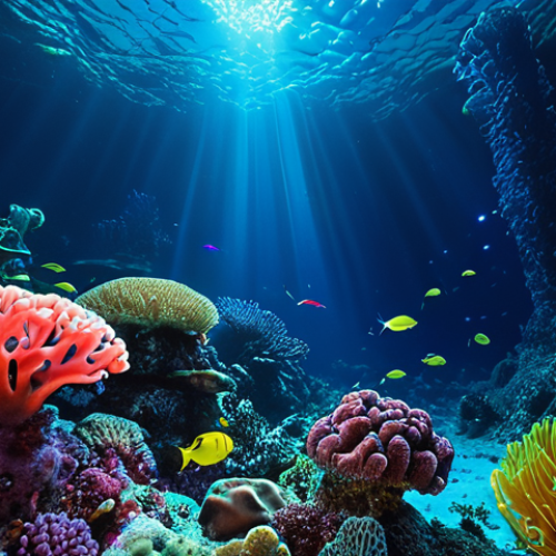 Home 15 **A vibrant, bioluminescent deep-sea coral reef illuminated by the bright lights of a remotely operated vehicle (ROV).** *Focus on the contrast between the darkness of the deep ocean and the artificial light revealing the colorful coral and unique deep-sea creatures.*
