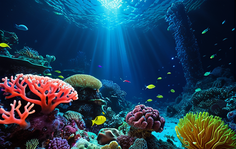 **A vibrant, bioluminescent deep-sea coral reef illuminated by the bright lights of a remotely operated vehicle (ROV).** *Focus on the contrast between the darkness of the deep ocean and the artificial light revealing the colorful coral and unique deep-sea creatures.*