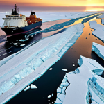 **Prompt:** A dramatic, wide shot of the Arctic Ocean undergoing rapid transformation. Melting ice floes reveal new, open shipping lanes bustling with advanced cargo ships and powerful icebreakers. In the background, subtle elements like research vessels or offshore platforms hint at geopolitical interests and resource exploration. The sky features a dynamic, almost surreal aurora borealis, symbolizing the region's unique, fragile beauty amidst its swift evolution into a global economic and strategic hotspot. Photorealistic, high detail, epic scale.