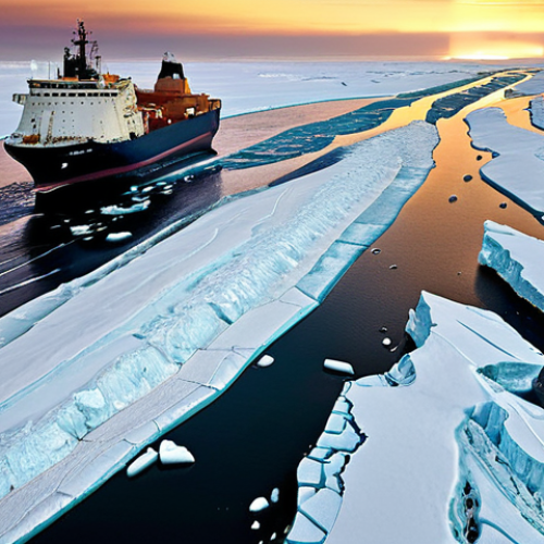 Home 14 **Prompt:** A dramatic, wide shot of the Arctic Ocean undergoing rapid transformation. Melting ice floes reveal new, open shipping lanes bustling with advanced cargo ships and powerful icebreakers. In the background, subtle elements like research vessels or offshore platforms hint at geopolitical interests and resource exploration. The sky features a dynamic, almost surreal aurora borealis, symbolizing the region's unique, fragile beauty amidst its swift evolution into a global economic and strategic hotspot. Photorealistic, high detail, epic scale.