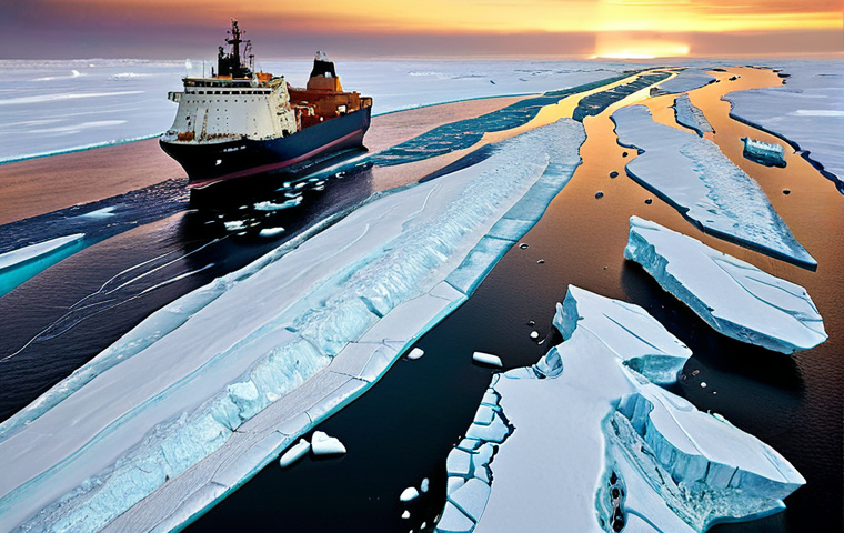 **Prompt:** A dramatic, wide shot of the Arctic Ocean undergoing rapid transformation. Melting ice floes reveal new, open shipping lanes bustling with advanced cargo ships and powerful icebreakers. In the background, subtle elements like research vessels or offshore platforms hint at geopolitical interests and resource exploration. The sky features a dynamic, almost surreal aurora borealis, symbolizing the region's unique, fragile beauty amidst its swift evolution into a global economic and strategic hotspot. Photorealistic, high detail, epic scale.