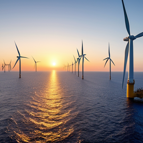 Home 7 A breathtaking, futuristic view of a massive offshore wind farm stretching into the horizon at dawn. Gigantic, sleek white turbines, some on advanced floating platforms, powerfully generate clean energy. The blades are in motion, catching the soft light of the rising sun over a deep blue, pristine ocean. The scene evokes a sense of awe, unlimited power, and the dawn of a new, sustainable energy era, almost like a sci-fi vision come to life. The atmosphere is clear, vast, and imbued with immense potential.