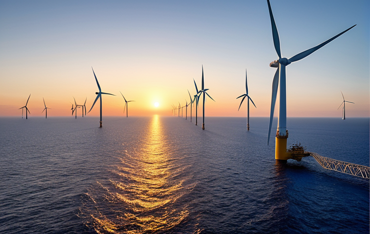 A breathtaking, futuristic view of a massive offshore wind farm stretching into the horizon at dawn. Gigantic, sleek white turbines, some on advanced floating platforms, powerfully generate clean energy. The blades are in motion, catching the soft light of the rising sun over a deep blue, pristine ocean. The scene evokes a sense of awe, unlimited power, and the dawn of a new, sustainable energy era, almost like a sci-fi vision come to life. The atmosphere is clear, vast, and imbued with immense potential.