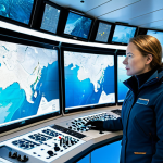 A professional female marine engineer, fully clothed in a modest, insulated, high-tech cold-weather suit, stands confidently in a clean, modern control room aboard an ice-resistant Arctic research vessel. She is observing large, futuristic display screens showing detailed underwater topographical maps and data from autonomous underwater vehicles. The background through a large window subtly shows a vast, icy Arctic landscape under a clear sky. The scene is well-lit, emphasizing the advanced technology and scientific endeavor. Safe for work, appropriate content, professional dress, perfect anatomy, correct proportions, natural pose, well-formed hands, proper finger count, natural body proportions, high-quality professional photography.