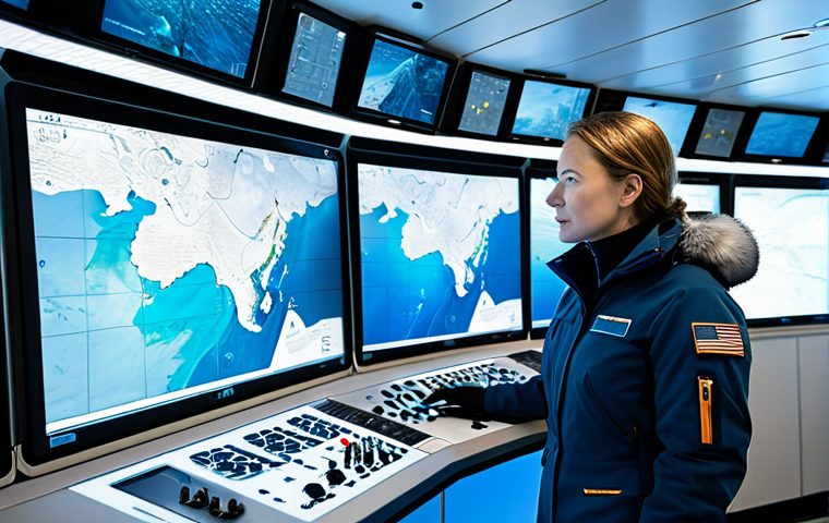 A professional female marine engineer, fully clothed in a modest, insulated, high-tech cold-weather suit, stands confidently in a clean, modern control room aboard an ice-resistant Arctic research vessel. She is observing large, futuristic display screens showing detailed underwater topographical maps and data from autonomous underwater vehicles. The background through a large window subtly shows a vast, icy Arctic landscape under a clear sky. The scene is well-lit, emphasizing the advanced technology and scientific endeavor. Safe for work, appropriate content, professional dress, perfect anatomy, correct proportions, natural pose, well-formed hands, proper finger count, natural body proportions, high-quality professional photography.