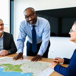 A diverse group of adults, including community members and a professional project manager, engaged in a constructive, open dialogue session in a bright, modern community center. They are gathered around a table with a detailed map of an offshore wind farm project. Participants are fully clothed in professional, modest business casual attire, actively listening and discussing. The atmosphere is collaborative and respectful, highlighting community involvement and transparent consultation. Perfect anatomy, correct proportions, natural poses, well-formed hands, proper finger count, natural body proportions, professional photography, high resolution, realistic, safe for work, appropriate content, family-friendly.