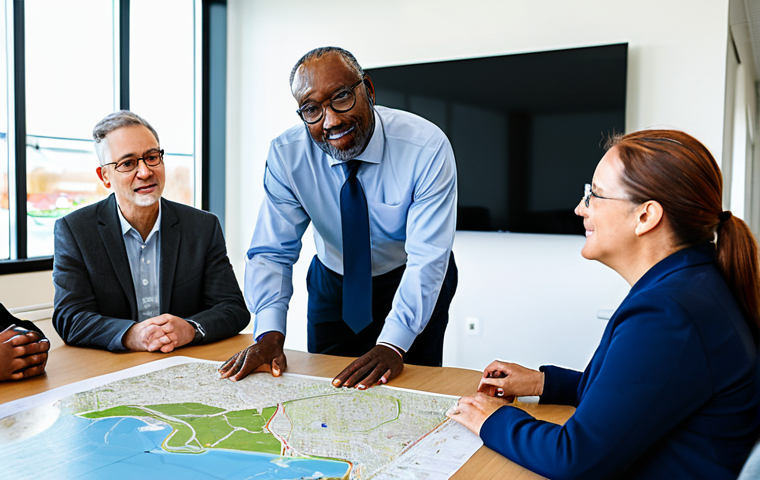 A diverse group of adults, including community members and a professional project manager, engaged in a constructive, open dialogue session in a bright, modern community center. They are gathered around a table with a detailed map of an offshore wind farm project. Participants are fully clothed in professional, modest business casual attire, actively listening and discussing. The atmosphere is collaborative and respectful, highlighting community involvement and transparent consultation. Perfect anatomy, correct proportions, natural poses, well-formed hands, proper finger count, natural body proportions, professional photography, high resolution, realistic, safe for work, appropriate content, family-friendly.