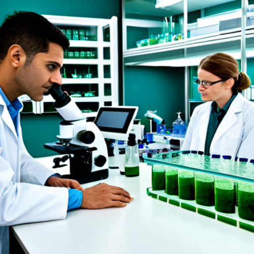 Home 22 **
"A modern pharmaceutical lab with scientists in professional lab coats researching marine algae, fully clothed, appropriate attire, safe for work. Microscopes, beakers, and advanced equipment are visible. The scene conveys innovation and discovery in ocean-based medicine, perfect anatomy, natural proportions, professional photography, high quality, modest."
**