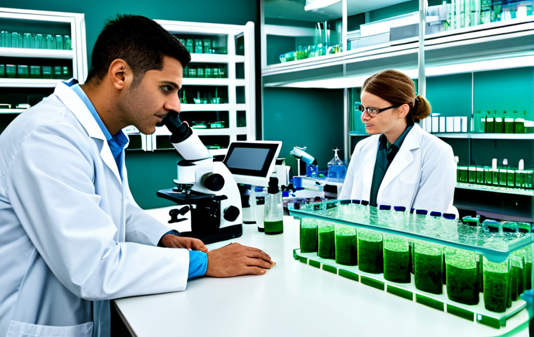 **
"A modern pharmaceutical lab with scientists in professional lab coats researching marine algae, fully clothed, appropriate attire, safe for work. Microscopes, beakers, and advanced equipment are visible. The scene conveys innovation and discovery in ocean-based medicine, perfect anatomy, natural proportions, professional photography, high quality, modest."
**
