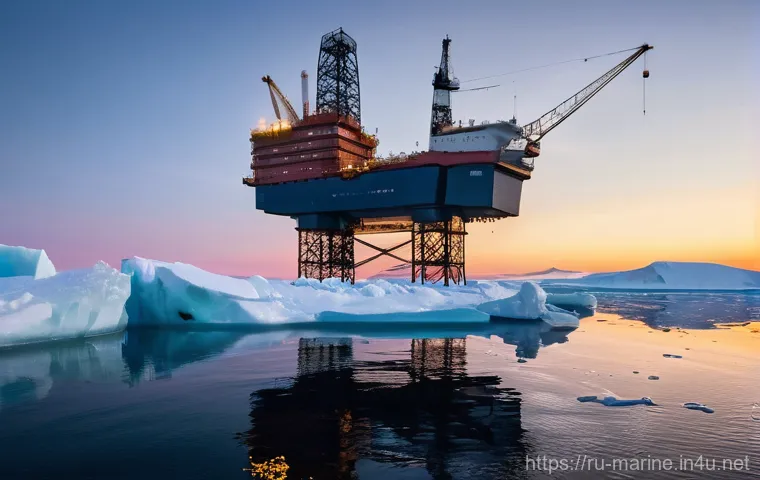 심해석유 시추 기술 - **Prompt:** "A majestic, ice-resistant deep-sea oil platform, 'Prirazlomnaya' style, stands firmly a...