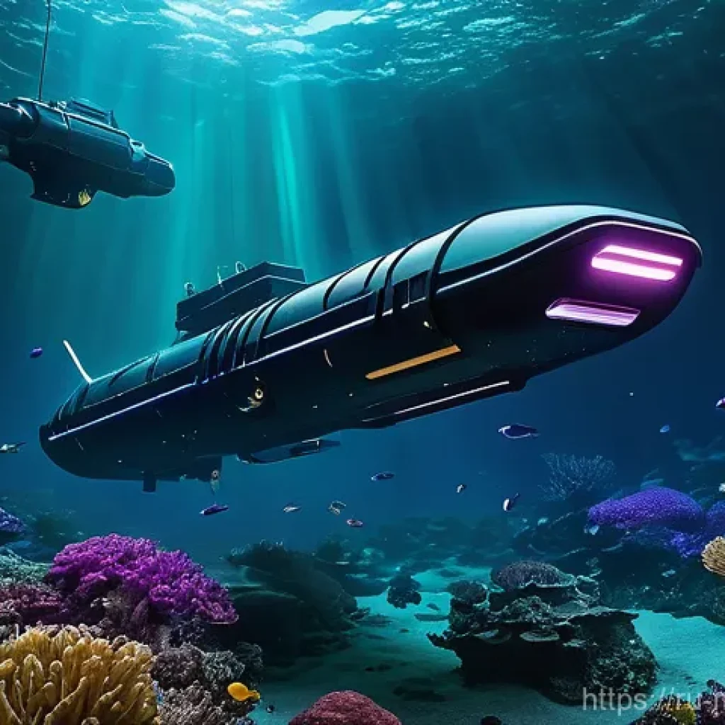 해양자원 탐사 기술 - **Prompt:** "A highly detailed, cinematic shot of multiple sleek, futuristic Autonomous Underwater V...