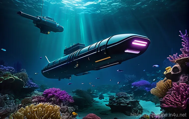 해양자원 탐사 기술 - **Prompt:** "A highly detailed, cinematic shot of multiple sleek, futuristic Autonomous Underwater V...
