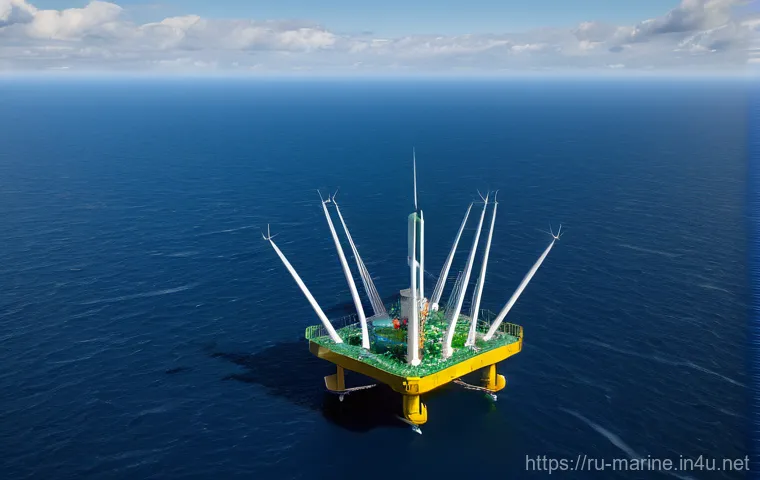 해양풍력 발전 기술 - **A majestic fixed-bottom offshore wind farm at dawn.** The scene depicts numerous towering wind tur...