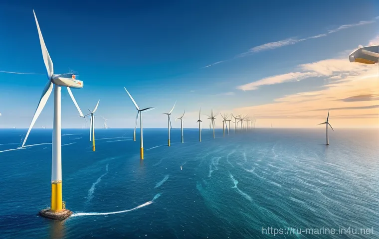 해양풍력 발전 기술 - **An innovative floating offshore wind farm amidst deep ocean waters.** This prompt showcases advanc...