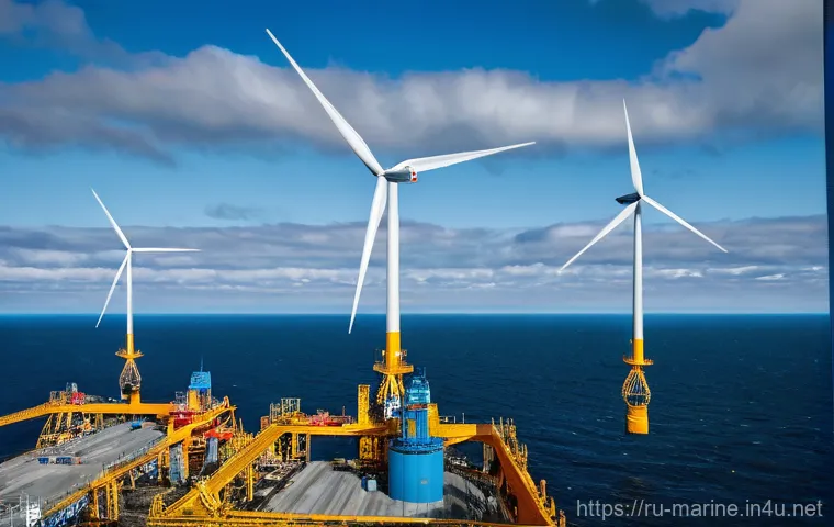 해양풍력 발전 산업 전망 - **Prompt: Futuristic Floating Offshore Wind and Green Hydrogen Hub**
    A breathtaking aerial view ...