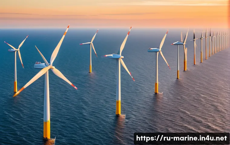 해양풍력 발전 관련 정책 - An expansive aerial view of a massive offshore wind farm located in the North Sea, featuring numerou...
