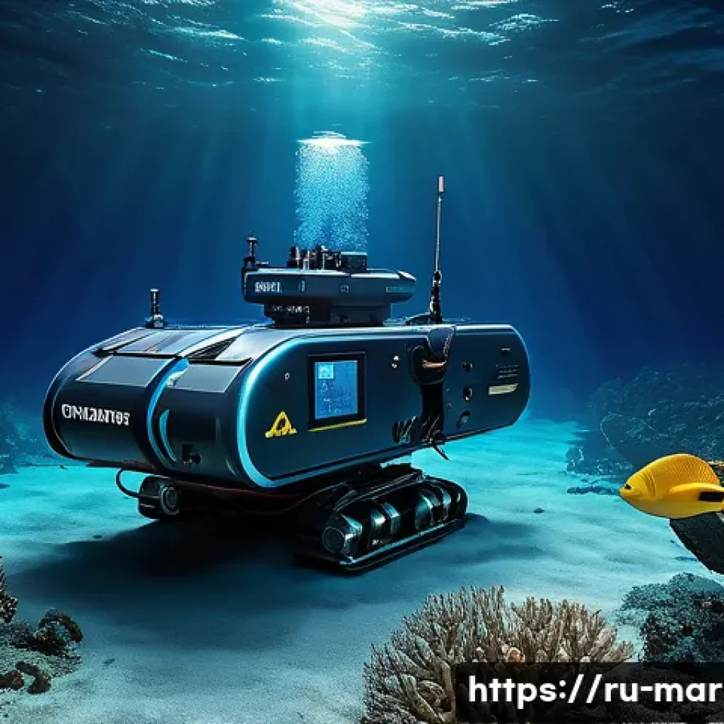 심해광물 자원의 경제성 - A high-tech deep-sea exploration scene showing remotely operated underwater vehicles (ROVs) and auto...