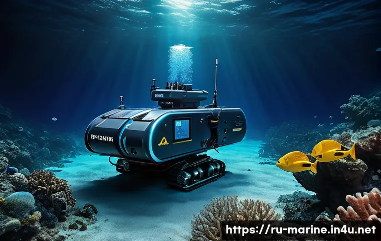 심해광물 자원의 경제성 - A high-tech deep-sea exploration scene showing remotely operated underwater vehicles (ROVs) and auto...