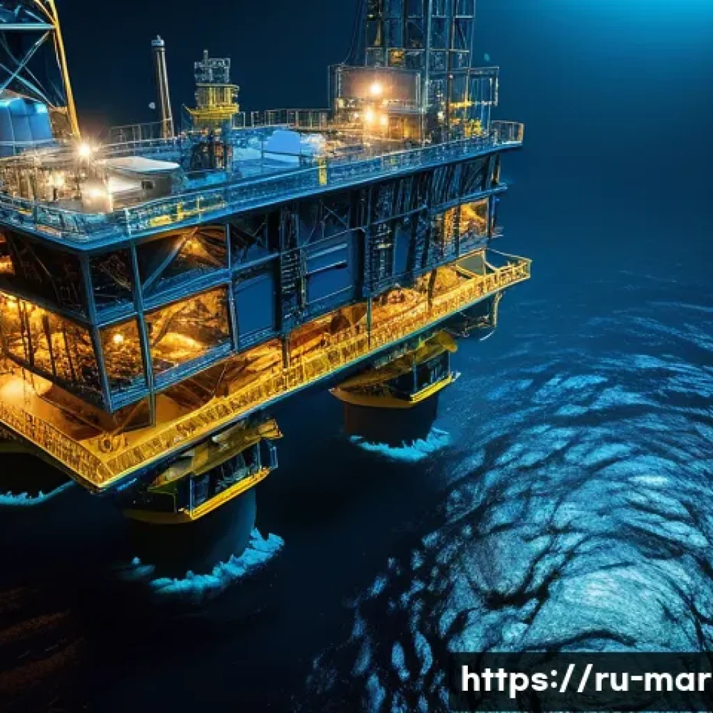 심해가스 개발의 기술적 난제 - A highly detailed underwater scene showing a deepwater gas drilling platform at a depth of around 20...