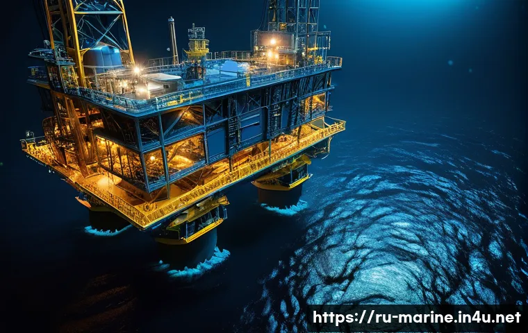 심해가스 개발의 기술적 난제 - A highly detailed underwater scene showing a deepwater gas drilling platform at a depth of around 20...