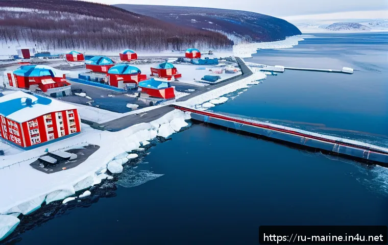 해양에너지 관련 기술 - A detailed aerial view of a modern Russian coastal town in Murmansk region featuring advanced tidal ...