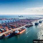Home 23 해양자원 개발과 국제 관계 - A detailed aerial view of a modern European coastal city with advanced maritime infrastructure inclu...