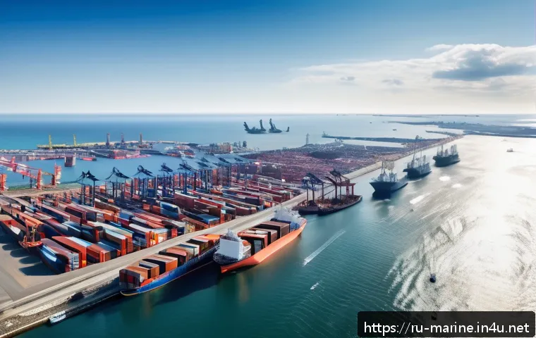 해양자원 개발과 국제 관계 - A detailed aerial view of a modern European coastal city with advanced maritime infrastructure inclu...