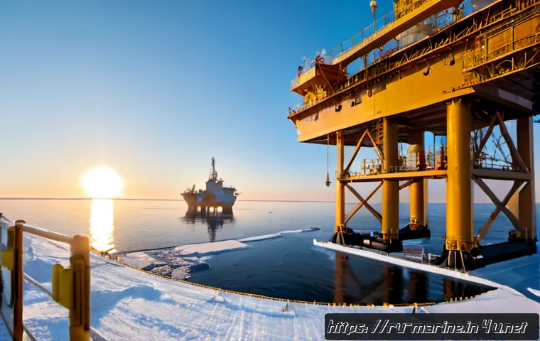 Home 17 해양자원 개발 기업 - Photorealistic wide-angle view of a modern offshore oil and gas platform in the Russian Arctic, stur...