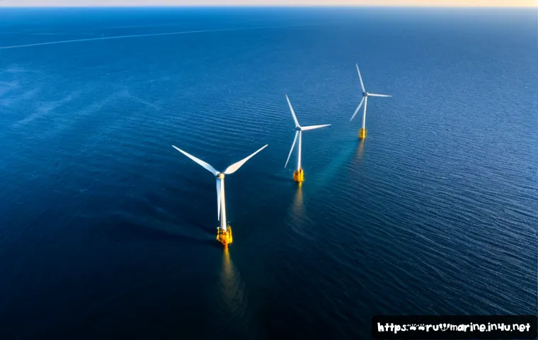 Home 17 해양풍력 발전의 장점과 한계 - Photorealistic wide aerial view of a modern offshore wind farm in the Baltic Sea near a rugged Russi...