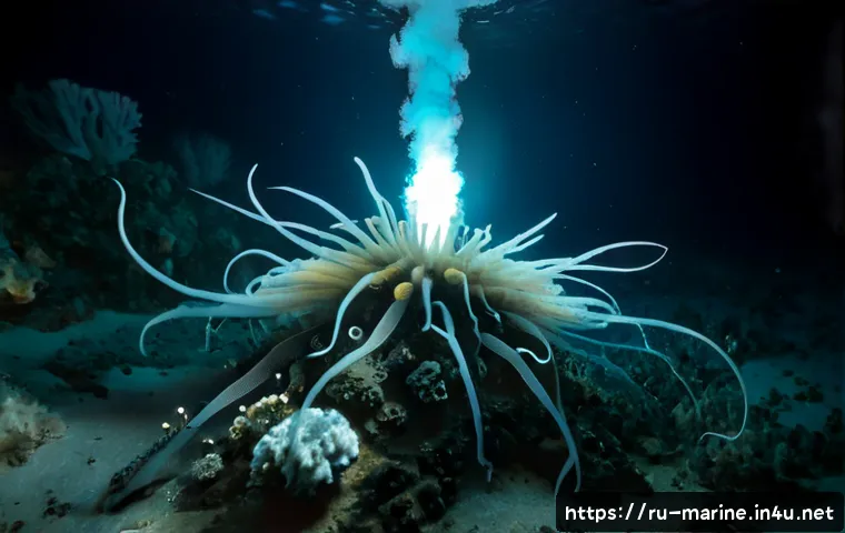 심해의 생태계와 자원 개발 - Photorealistic deep-sea ecosystem on the Arctic ocean floor, glowing hydrothermal vents surrounded b...