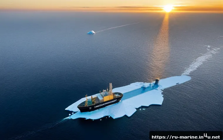 해양자원 개발 환경 영향 - Photorealistic wide aerial view of a Russian Arctic offshore energy platform at dawn, surrounded by ...